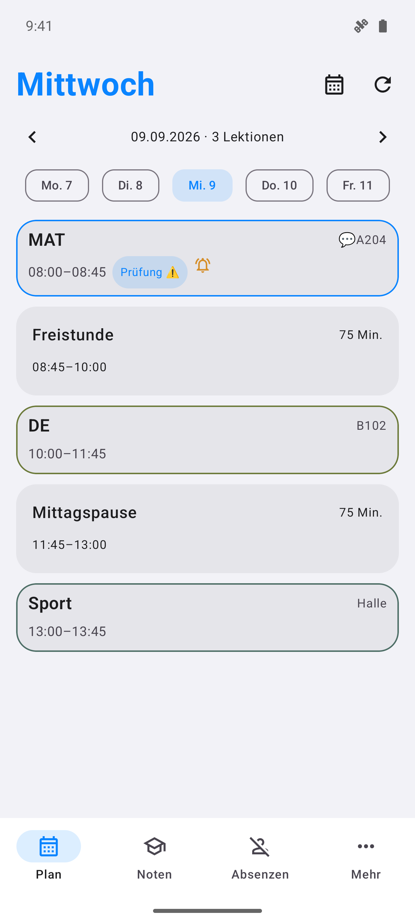 Inbox Stundenplan auf Android, mit Beispieldaten